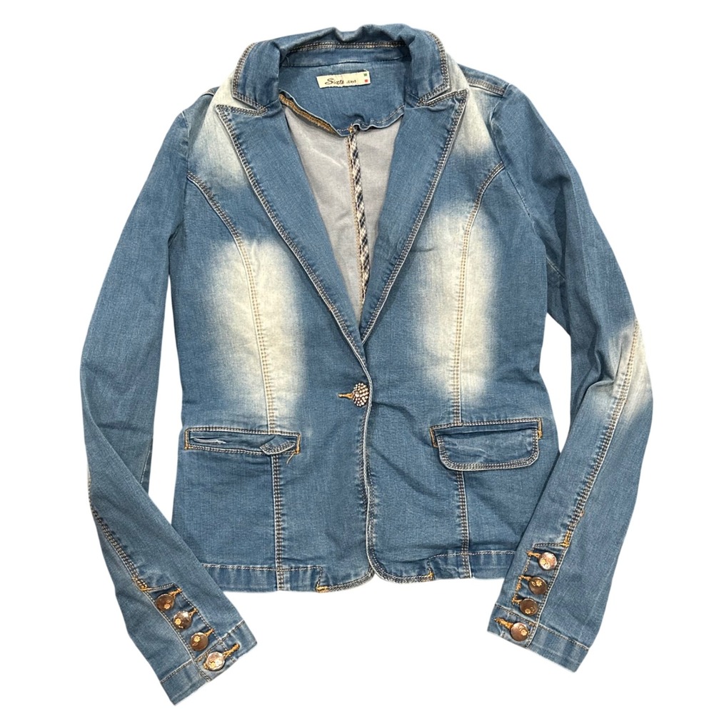 Sixte Jeans Y2K Womens Medium Wash Denim Blazer Rhinestone Buttons Blue Size M